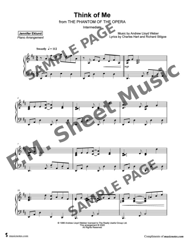 Think of Me (Intermediate Piano) By Andrew Lloyd Webber - F.M. Sheet
